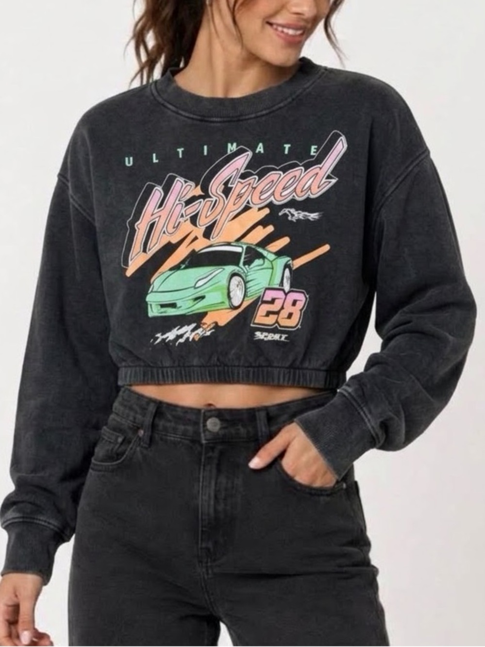 H&M Divided Women’s Ultimate Hi-Speed Racing Car Faded Black Cropped Sweater M